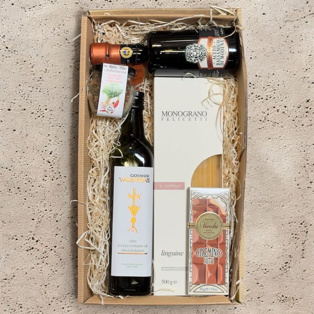 Aglio e Olio Geschenkbox mit Linguine, Olivenöl, Balsamico und Gewürzmischung