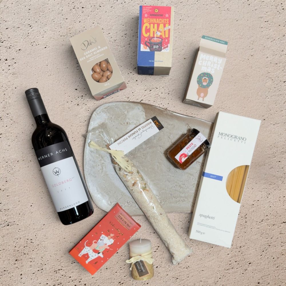 Weihnachts Geschenkbox Zweigelt Inhalt – Achs Werner Wein, Felicetti, DeWi, Sonnentor