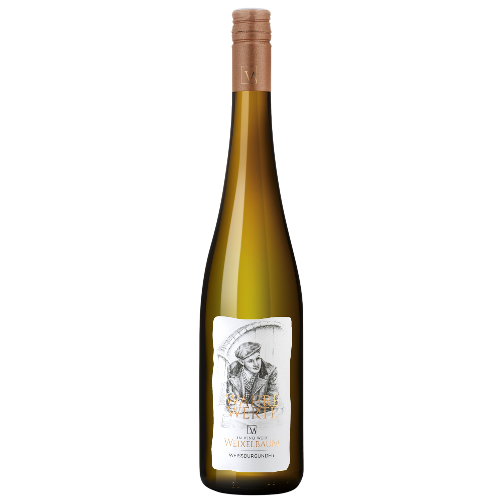 Weixelbaum Weissburgunder Wahre Werte 2024 - goldgelber österreichischer Weißwein mit traditioneller Handwerkskunst