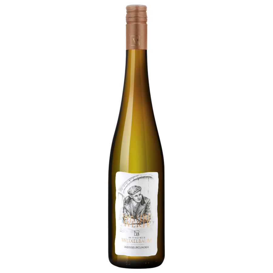 Weixelbaum Weissburgunder Wahre Werte 2024 - goldgelber österreichischer Weißwein mit traditioneller Handwerkskunst