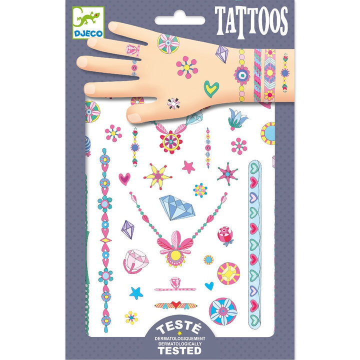 Jennis Schmuck Neon Tattoos von Djeco, 2 Tattoo-Bögen mit leuchtenden Neon-Motiven für Kinder