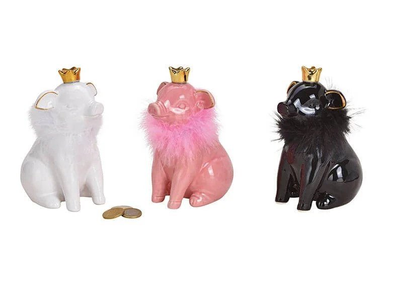 Sparschwein mit Krone Weiß/Pink/Schwarz, 10x17x11cm - Weinatelier Agnes